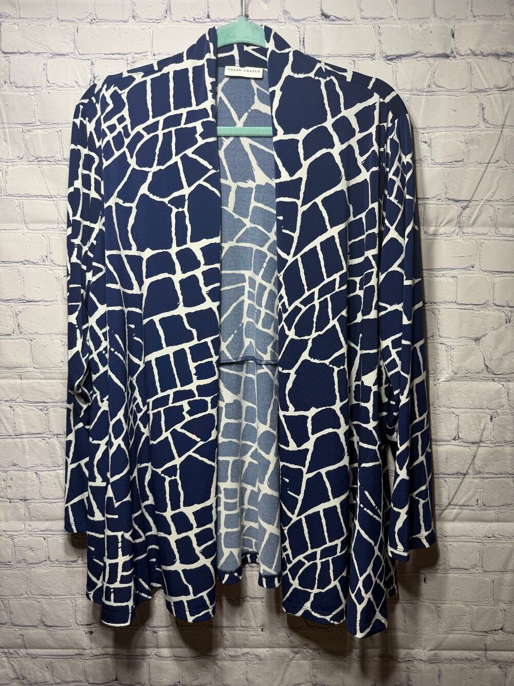 Susan Graver Womens Liquid Knit Open Front Cardigan Giraffe Print Blue Sz 1X